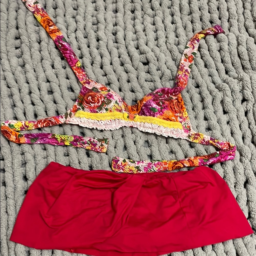 Vintage Betsey Johnson Pink and Red Lace Trim Small Bikini & red wrap skirt - Picture 2 of 10